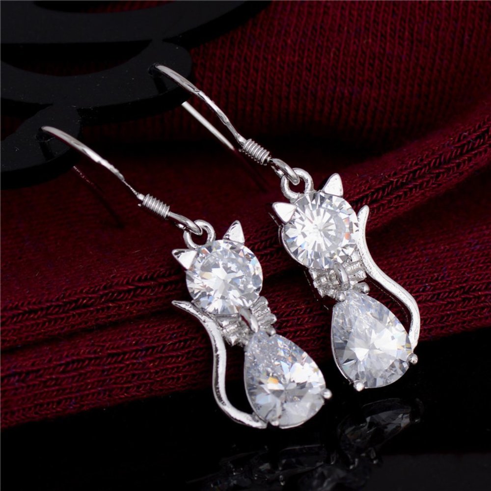 .925 Silver and Crystal Cat Kitten Earrings